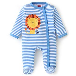Babyhug Cotton Full Sleeves Sleep Suit Lion & Stripes Print- Blue