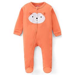 Babyhug Cotton Knit  Full Sleeves Bear Print Footed Sleepsuit - Orange