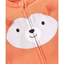 Babyhug Cotton Knit  Full Sleeves Bear Print Footed Sleepsuit - Orange