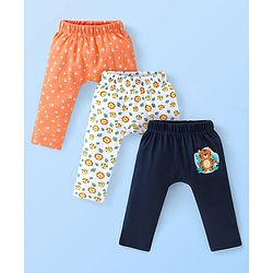 Babyhug Cotton Knit Full Length Diaper Pants Paws Print Pack of 3  - Orange Off White & Navy
