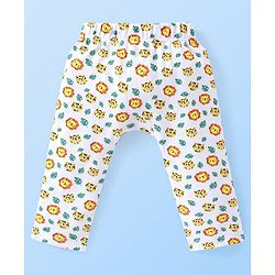 Babyhug Cotton Knit Full Length Diaper Pants Paws Print Pack of 3  - Orange Off White & Navy