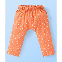 Babyhug Cotton Knit Full Length Diaper Pants Paws Print Pack of 3  - Orange Off White & Navy