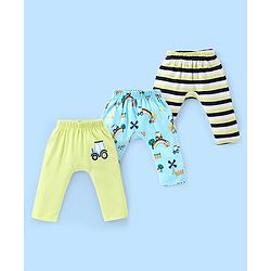 Babyhug Cotton Full Length Diaper Pants Stripes & Car Print Pack of 3- Blue Green & White