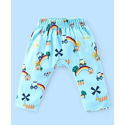 Babyhug Cotton Full Length Diaper Pants Stripes & Car Print Pack of 3- Blue Green & White