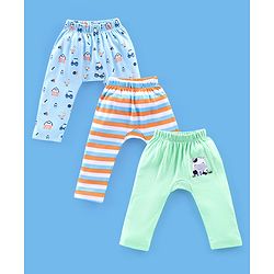 Babyhug Cotton Full Length Diaper Pants Stripes & Cow Print Pack of 3- Blue Green & Orange