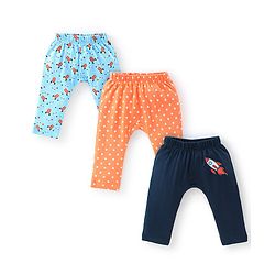 Babyhug Interlock Cotton Knit Full Length Diaper Pants Space Shuttle Print Pack of 3 - Navy Turquoise & Orange