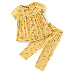 Babyhug Cotton Knit Half Sleeves Night Suit With Rainbow Print - Yellow