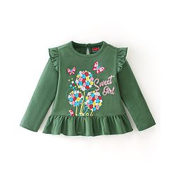 Babyhug Cotton Knit Full Sleeves Floral Print Tee With Floral Graphics and Frill Detailing - Green