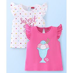 Babyhug Cotton Half Sleeves Tee With Ice Cream Graphics & Frill Detailing Pack Of 2 - White & Pink