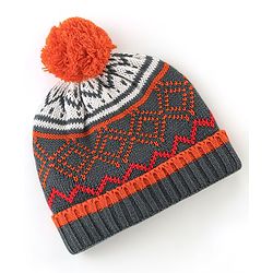Babyhug Woollen Knit Cap With Pom Pom Grey  & Orange  - Diameter 12 cm