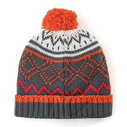 Babyhug Woollen Knit Cap With Pom Pom Grey  & Orange  - Diameter 12 cm