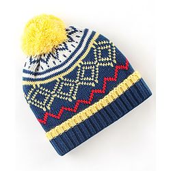Babyhug Woollen Knit Cap With Pom Pom Navy Blue  & Yellow  - Diameter 12 cm