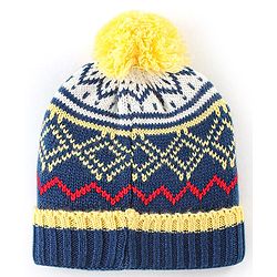 Babyhug Woollen Knit Cap With Pom Pom Navy Blue  & Yellow  - Diameter 12 cm