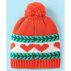 Babyhug Heart Printed Woollen Cap with Pom Pom - Orange
