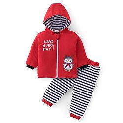 Babyhug Cotton Knit Full Sleeves Hooded Sweatshirt & Joggers Set With Penguin Embroidery - Red