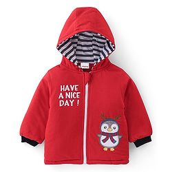 Babyhug Cotton Knit Full Sleeves Hooded Sweatshirt & Joggers Set With Penguin Embroidery - Red