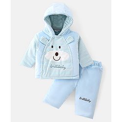 Babyhug Hooded Full Sleeves Winter Wear Set Striped - Blue
