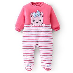 Babyhug Cotton Knit Full Sleeves Footed Winterwear Romper with Kitty Patch & Striped - Pink