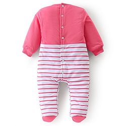 Babyhug Cotton Knit Full Sleeves Footed Winterwear Romper with Kitty Patch & Striped - Pink