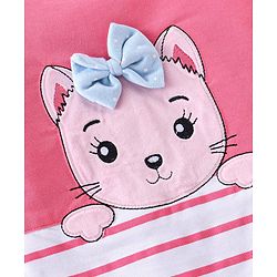 Babyhug Cotton Knit Full Sleeves Footed Winterwear Romper with Kitty Patch & Striped - Pink