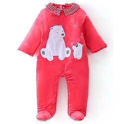 Babyhug Cotton Knit Full Sleeves Winter Wear Romper With Polar Bear Embroidery - Red