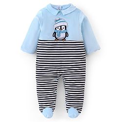 Babyhug 100% Cotton Full Sleeves Winter Wear Romper With Penguin Applique - Blue