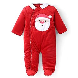 Babyhug Knitted Full Sleeves Winter Wear Romper with Santa Applique - Red