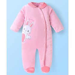 Babyhug Knitted Full Sleeves Winter Wear Romper with Bunny Applique - Pink