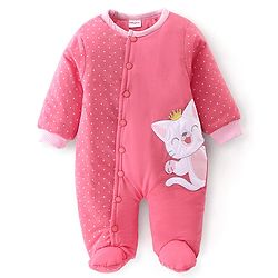 Babyhug Cotton Knit Winter Wear Full Sleeves Romper with Kitty Patch & Polka Dots Printed - Pink