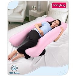 Babyhug 100% Cotton Flexible & Supportive U Shape Maternity Pillow - Baby Pink| Soft yet Firm| Breathable Fabric| Sleep Feeding & Back Support| Relieves Back Pain| Ideal for Pregnant Women| Facilitates Peaceful Sleep| Full body and Back Support
