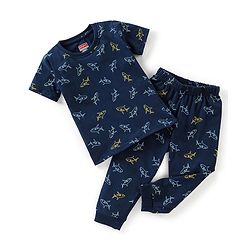 Babyhug Cotton Half Sleeves Night Suit Shark Print- Navy Blue
