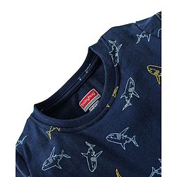 Babyhug Cotton Half Sleeves Night Suit Shark Print- Navy Blue