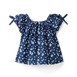 Babyhug Denim Cotton Blend Half Sleeves Top with Bow Detailing Floral Print - Navy