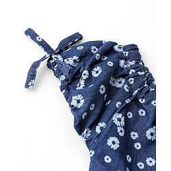 Babyhug Denim Cotton Blend Half Sleeves Top with Bow Detailing Floral Print - Navy