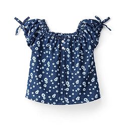 Babyhug Denim Cotton Blend Half Sleeves Top with Bow Detailing Floral Print - Navy