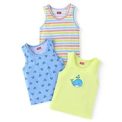 Babyhug 100% Cotton Knit Sleeveless Striped Sandos Whales Print Pack of 3 - Multicolour