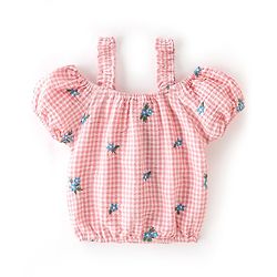 Babyhug Seer Sucker Cold Shoulder Yarn Dyed Woven Checks Top with Frill & Floral Embroidery - Orange
