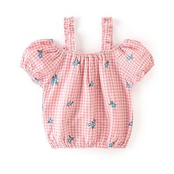 Babyhug Seer Sucker Cold Shoulder Yarn Dyed Woven Checks Top with Frill & Floral Embroidery - Orange