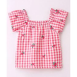 Babyhug Cotton Yarn Dyed Woven Half Sleeves Checks Top With Frill & Embroidery Detailing- Peach & White
