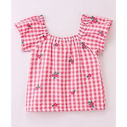 Babyhug Cotton Yarn Dyed Woven Half Sleeves Checks Top With Frill & Embroidery Detailing- Peach & White