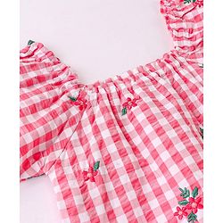 Babyhug Cotton Yarn Dyed Woven Half Sleeves Checks Top With Frill & Embroidery Detailing- Peach & White