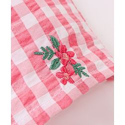 Babyhug Cotton Yarn Dyed Woven Half Sleeves Checks Top With Frill & Embroidery Detailing- Peach & White