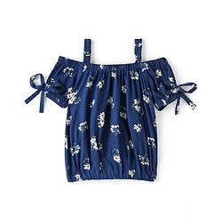 Babyhug Rayon Cold Shoulder Top With Bow Detailing & Floral Print - Navy Blue