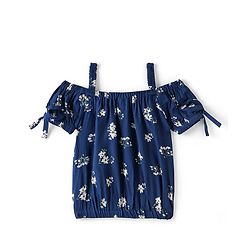 Babyhug Rayon Cold Shoulder Top With Bow Detailing & Floral Print - Navy Blue