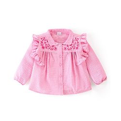 Babyhug Seer Sucker Full Sleeves Checkered Top with Embroidery & Frill Detailing - Pink