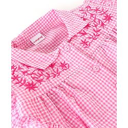 Babyhug Seer Sucker Full Sleeves Checkered Top with Embroidery & Frill Detailing - Pink