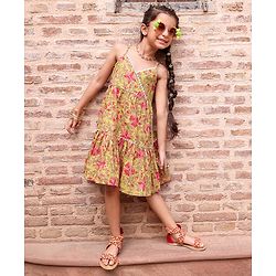 Babyhug 100% Cotton Singlet Sleeves Overlap Ethnic Dress With Floral Print - Mustard
