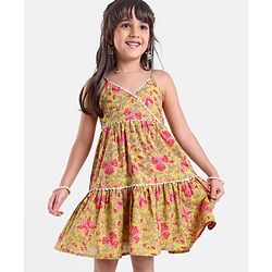 Babyhug 100% Cotton Singlet Sleeves Overlap Ethnic Dress With Floral Print - Mustard