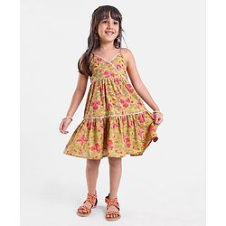 Babyhug 100% Cotton Singlet Sleeves Overlap Ethnic Dress With Floral Print - Mustard