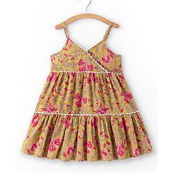 Babyhug 100% Cotton Singlet Sleeves Overlap Ethnic Dress With Floral Print - Mustard